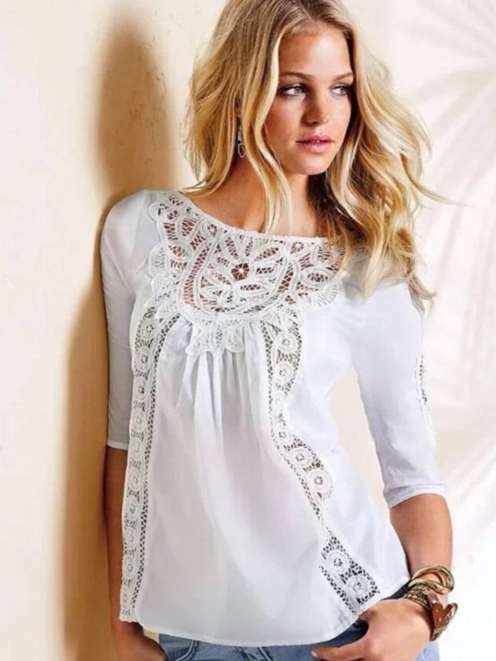 Victoria's Secret Vintage Boho Ivory Crochet Lace yoke Blouse Peasant Top Large